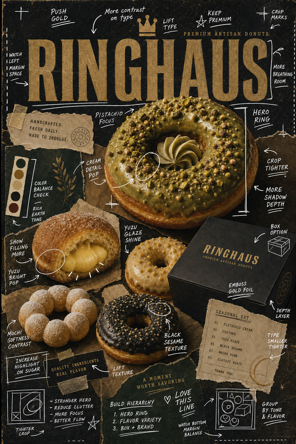 RINGHAUS campaign poster with white marker art direction notes