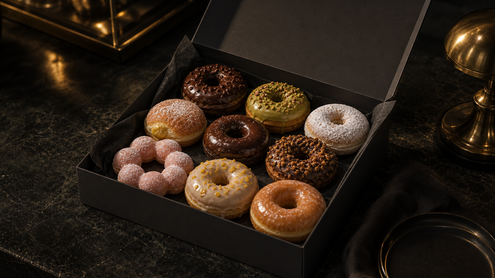 Donuts paired with espresso and latte on a cafe bar